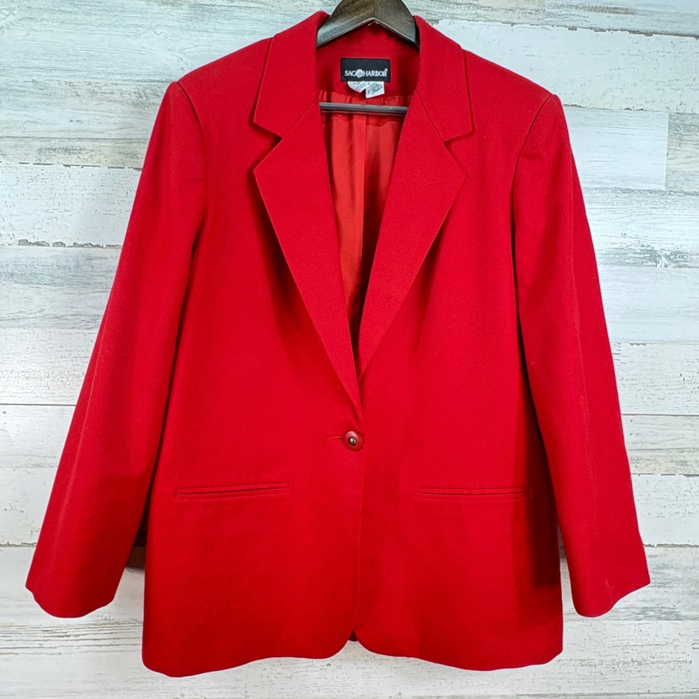Sag Harbor Vintage Red 100% Wool Single Button Structured Blazer Jacket Size 14